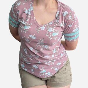 Ultra flirt pink and blue floral V-neck shirt